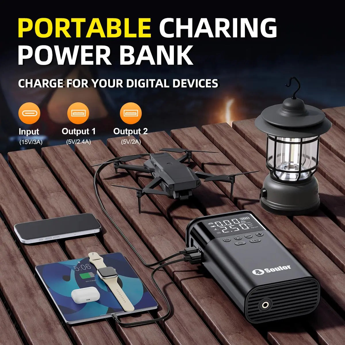 Soulor CYD22 5-In-1 with 150PSI Air Compressor, 10000Mah Portable Power Bank, LED Flashlight & SOS for Car/Suv/Truck Emergency Ultra-Safe