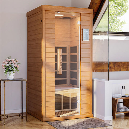 1- 2 Person Infrared Sauna, Remotely Controllable Indoor Sauna, Low EMF LCD Heater, Wifi & BT Control, 9-Color Light Therapy, Safe Flame-Retardant Material, Wood
