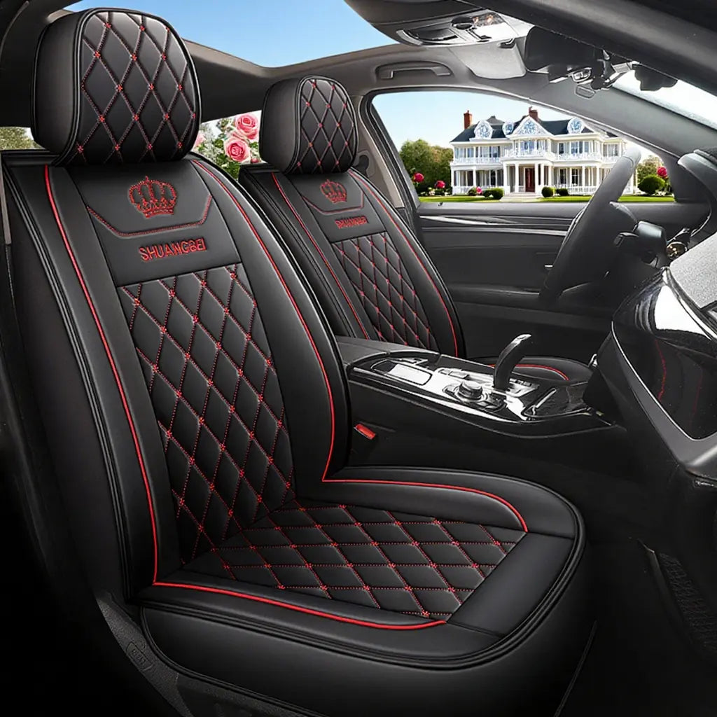 Front Seat Full Coverage 2PCS Car Seat Cover - Waterproof & Stain-Resistant PU Leather - Durable Long-Lasting - Crown Embroidery - Full Wrap-Around Protection Kit