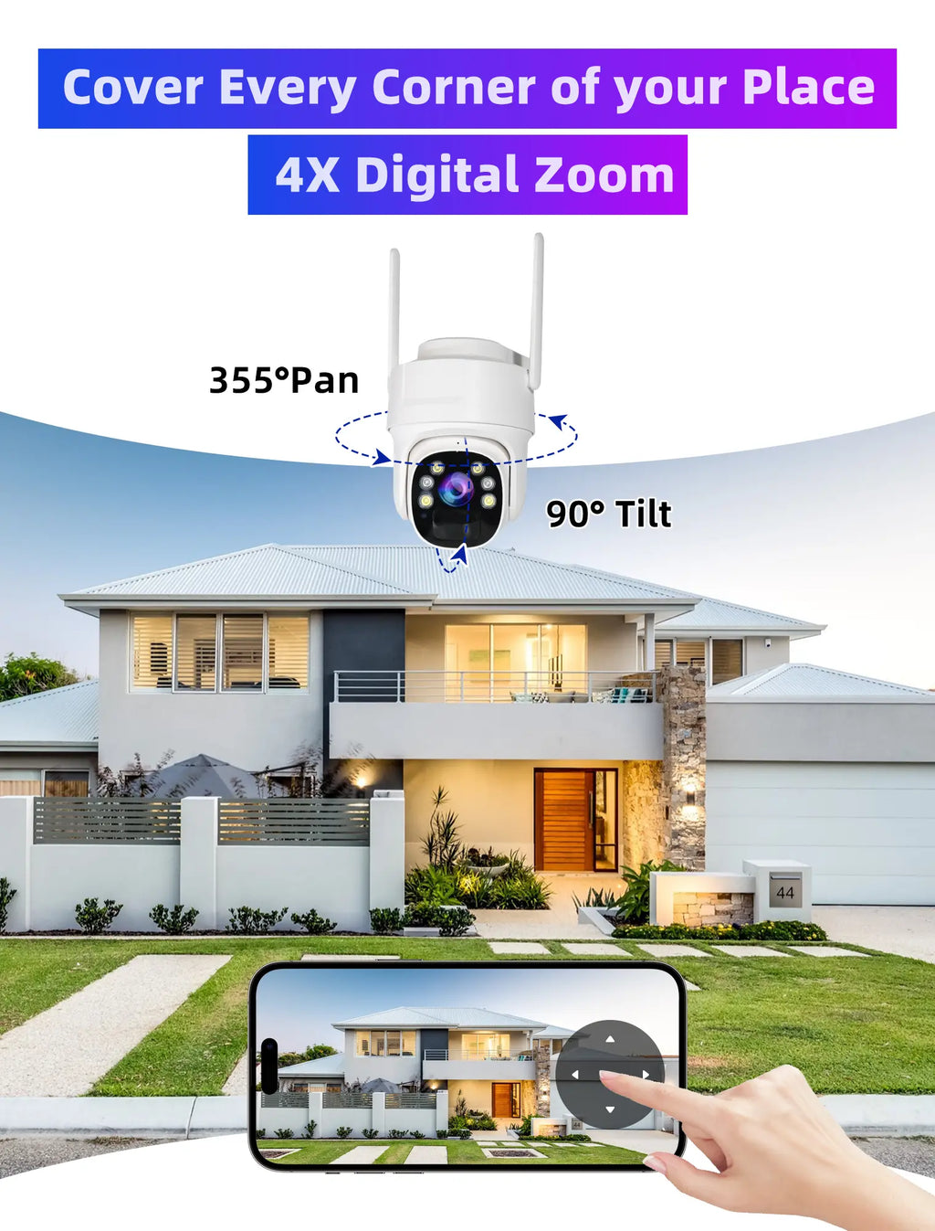 4G LTE Cellular Security Camera Solar-Powered Wireless Outdoor 3MP HD 360° PTZ Color Night 2-Way Audio IP65 Weatherproof 32GB SD Card Included Digital Zoom Micro Speaker Monitoring Rechargeable Remote