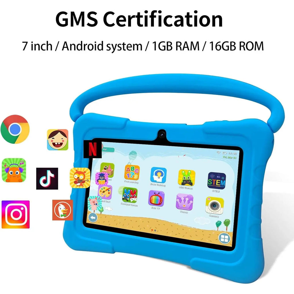 Tablet 7 Inch with Shockproof Case, 1GB RAM 32GB ROM, Android Tablet with Bluetooth, Wifi, GMS, Parental Control, Educational, Games(Blue)