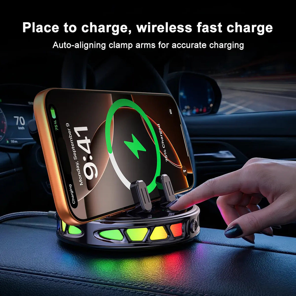 360° Rotating Magnetic Wireless Charging Car Phone Mount with RGB Ambient Light – Ultra-Stable Vacuum Suction & Auto-Lock Holder for Dashboard & Windshield, Fits Iphone & Android