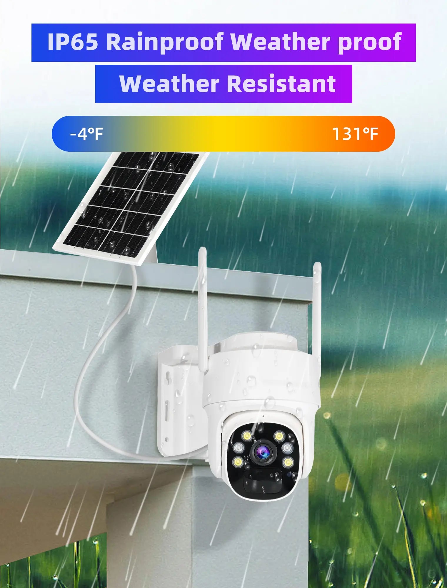 4G LTE Cellular Security Camera Solar-Powered Wireless Outdoor 3MP HD 360° PTZ Color Night 2-Way Audio IP65 Weatherproof 32GB SD Card Included Digital Zoom Micro Speaker Monitoring Rechargeable Remote