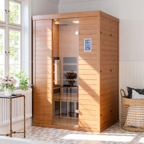 1- 2 Person Infrared Sauna, Remotely Controllable Indoor Sauna, Low EMF LCD Heater, Wifi & BT Control, 9-Color Light Therapy, Safe Flame-Retardant Material, Wood