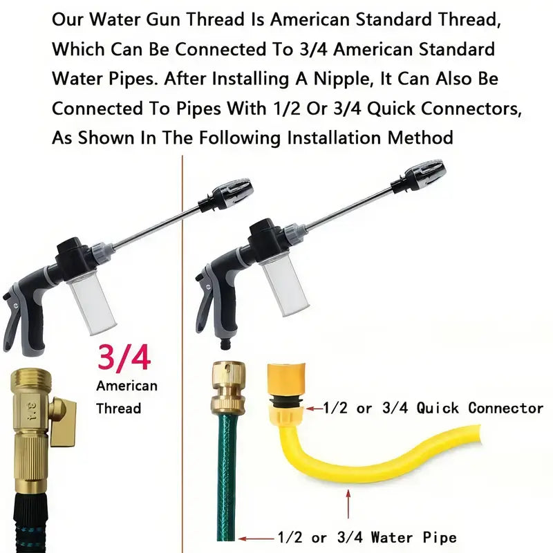 1-Pack High Pressure Car Washing Water Gun, Multi-Purpose Garden Hose Nozzle, Adjustable Thickened Rod Sprayer with Copper Plated Tip, Universal 3/ 4" and 1/ 2" Quick Connect Adapter for Cleaning Tools Heavy Duty Handle