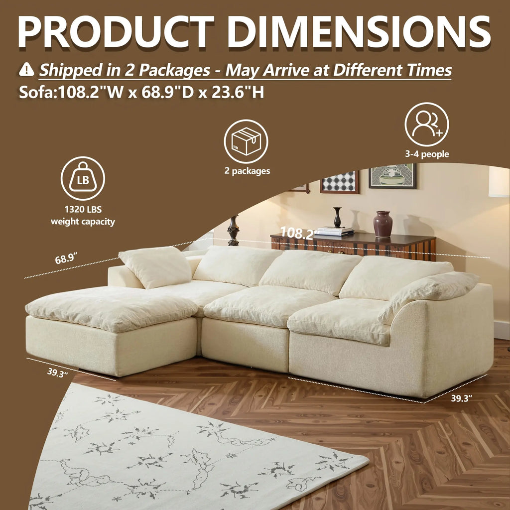 108 in Boneless Sectional Couch, L-Shape Modular Living Room Sofa with Ottoman, Compressed No-Assembly Furniture, Cloud-Like Comfort, Flexible Design, Contemporary Look
