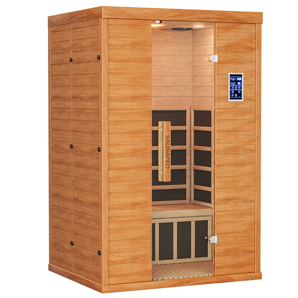 1- 2 Person Infrared Sauna, Remotely Controllable Indoor Sauna, Low EMF LCD Heater, Wifi & BT Control, 9-Color Light Therapy, Safe Flame-Retardant Material, Wood