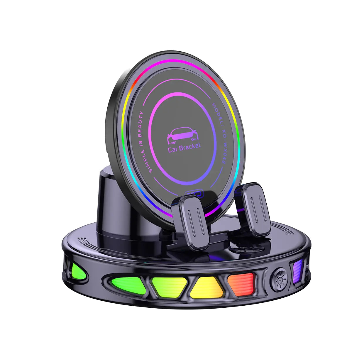 360° Rotating Magnetic Wireless Charging Car Phone Mount with RGB Ambient Light – Ultra-Stable Vacuum Suction & Auto-Lock Holder for Dashboard & Windshield, Fits Iphone & Android