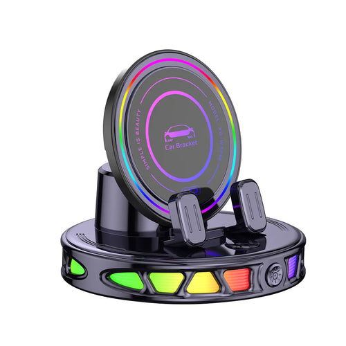 360° Rotating Magnetic Wireless Charging Car Phone Mount with RGB Ambient Light – Ultra-Stable Vacuum Suction & Auto-Lock Holder for Dashboard & Windshield, Fits Iphone & Android