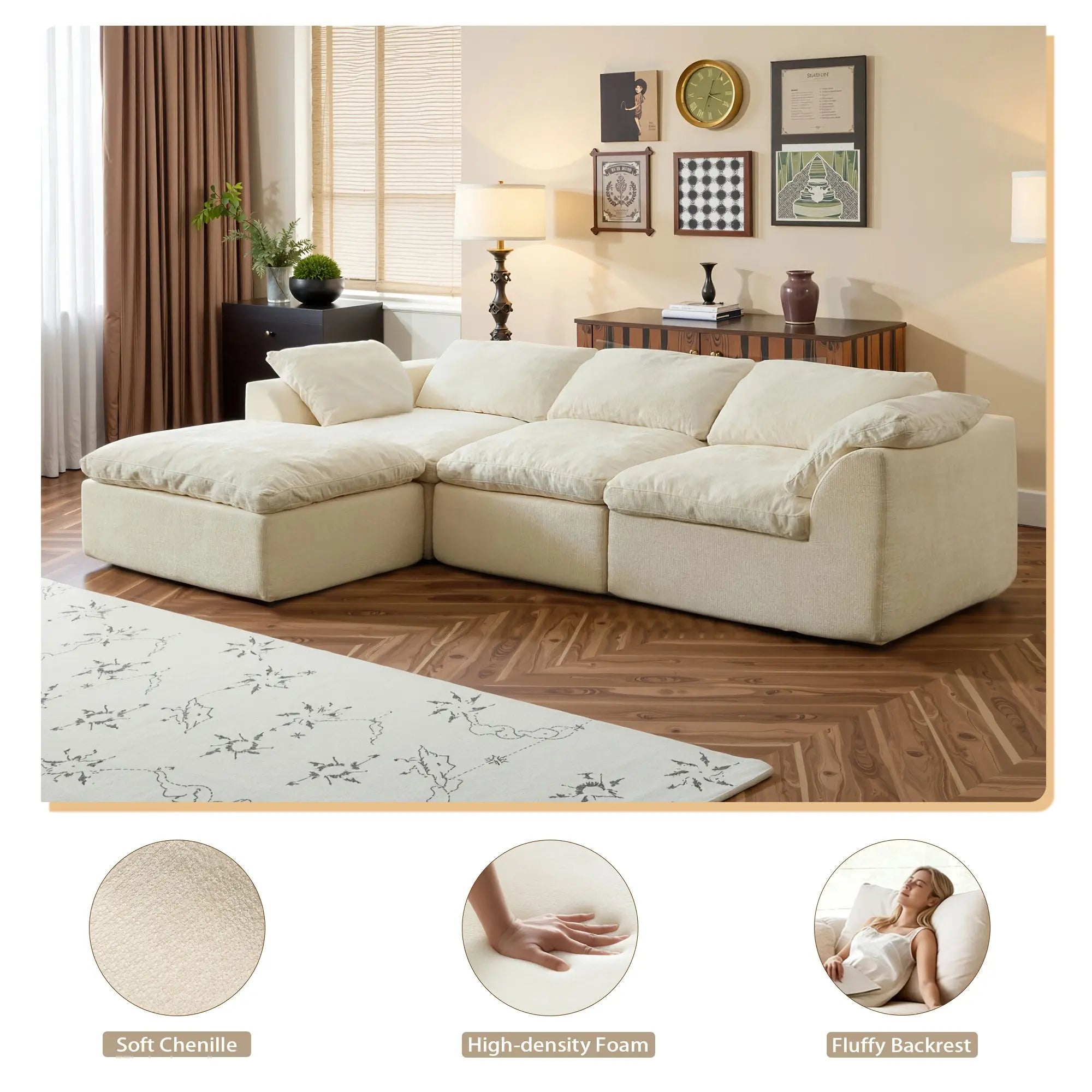 108 in Boneless Sectional Couch, L-Shape Modular Living Room Sofa with Ottoman, Compressed No-Assembly Furniture, Cloud-Like Comfort, Flexible Design, Contemporary Look