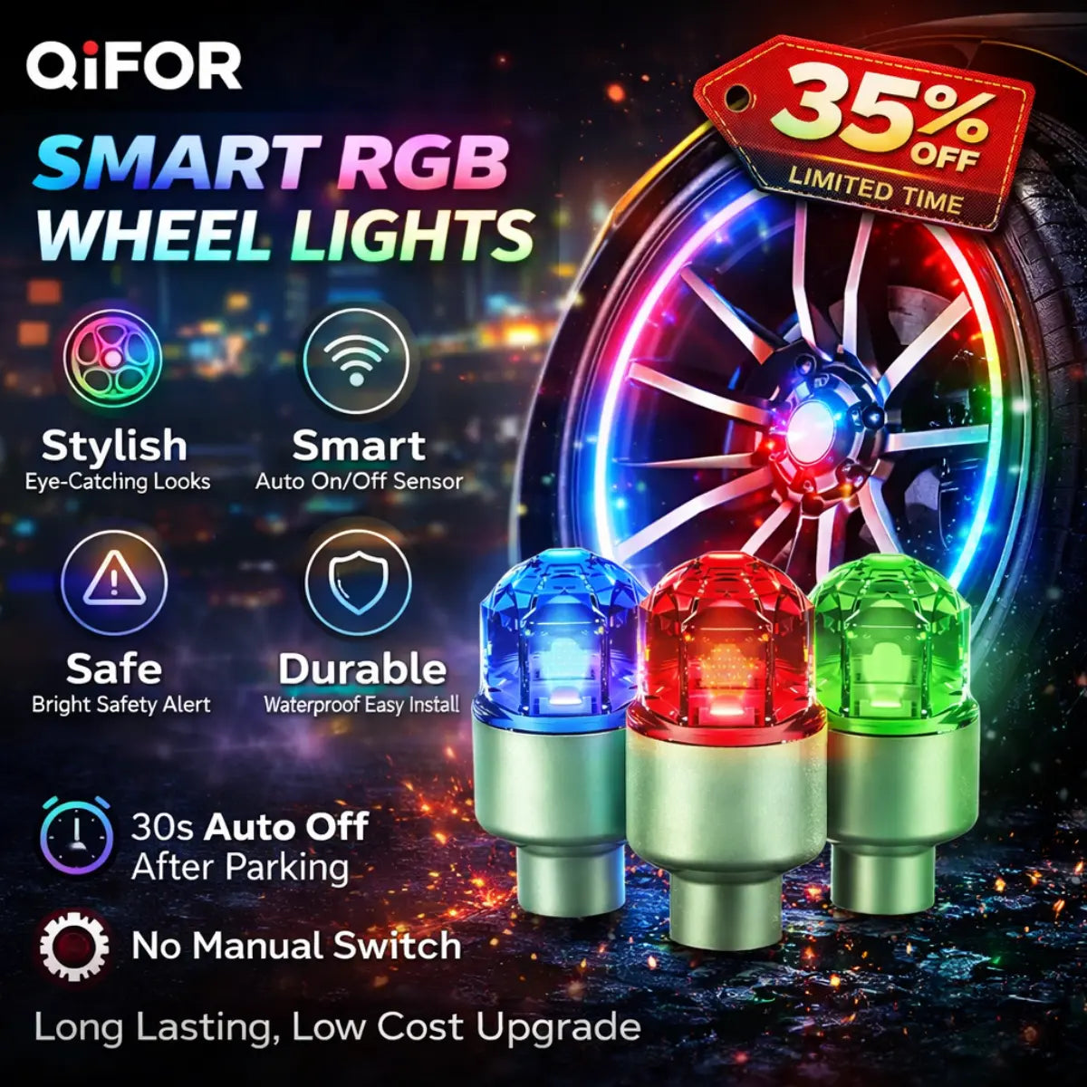 QIFOR LED Wheel Light Waterproof Luminous Car Tire Valve Caps Vibration-Sensitive LED Tire Valve Cap-Bicycle Car Motorcycle Tire Led