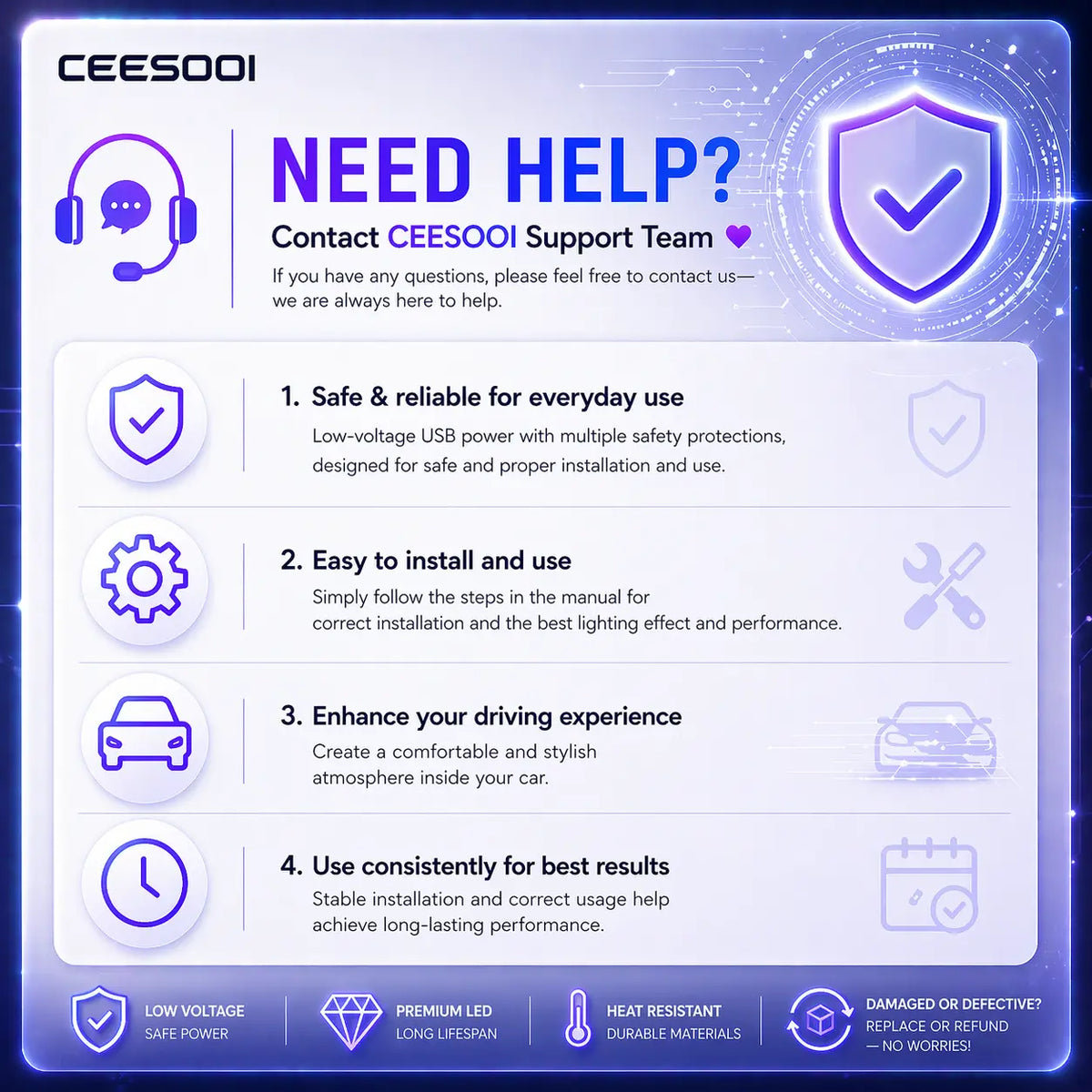 Ceesooi Smart LED Interior Car Lights, USB Powered RGB Car Ambient Lighting with App Control & Music Sync, DIY Mode 110Cm+110Cm 2-In-1 Design, Multi-Color Decor for Cars Trucks，Gift for Men & Women