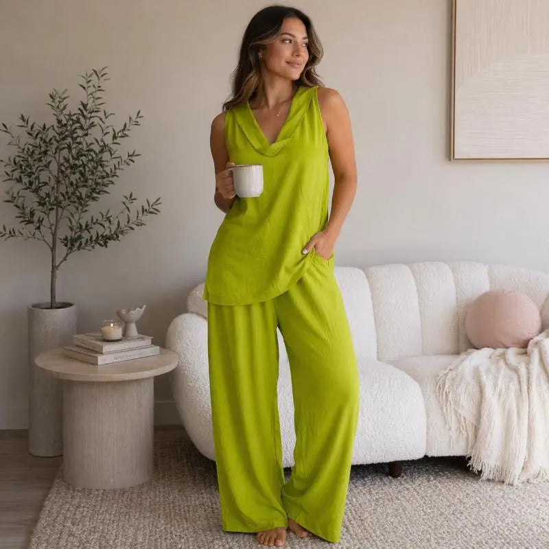Boho Two Piece Set - Perfect for Beach, Vacation & Brunch! Sleeveless Top Wide Leg Pants Set #Twopieceset #Widelegpants #Sleeveless #Summeroutfit #Bohofashion #OOTD #Womensfashion #Casualset