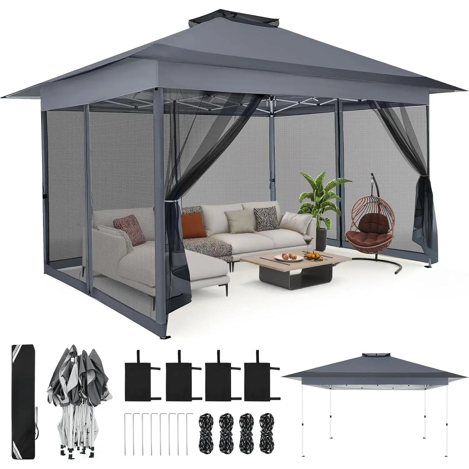 12X12 Ft. Portable Instant Gazebo Outdoor Patio - Oxford Fabric, Mosquito Netting, Waterproof, UPF 50+ Sun Protection, Ground Stakes, Adjustable Shade, Quick Setup Patio Furniture for Backyards, Backyard Decor,Summervibes