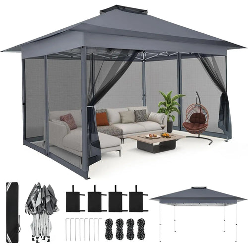 12X12 Ft. Portable Instant Gazebo Outdoor Patio - Oxford Fabric, Mosquito Netting, Waterproof, UPF 50+ Sun Protection, Ground Stakes, Adjustable Shade, Quick Setup Patio Furniture for Backyards, Backyard Decor,Summervibes