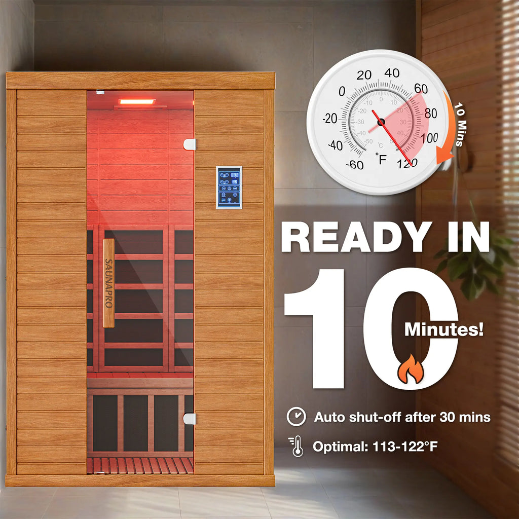 1- 2 Person Infrared Sauna, Remotely Controllable Indoor Sauna, Low EMF LCD Heater, Wifi & BT Control, 9-Color Light Therapy, Safe Flame-Retardant Material, Wood