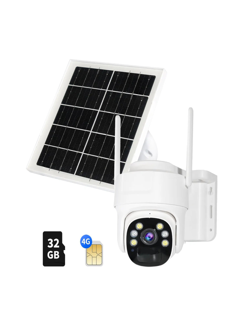 4G LTE Cellular Security Camera Solar-Powered Wireless Outdoor 3MP HD 360° PTZ Color Night 2-Way Audio IP65 Weatherproof 32GB SD Card Included Digital Zoom Micro Speaker Monitoring Rechargeable Remote