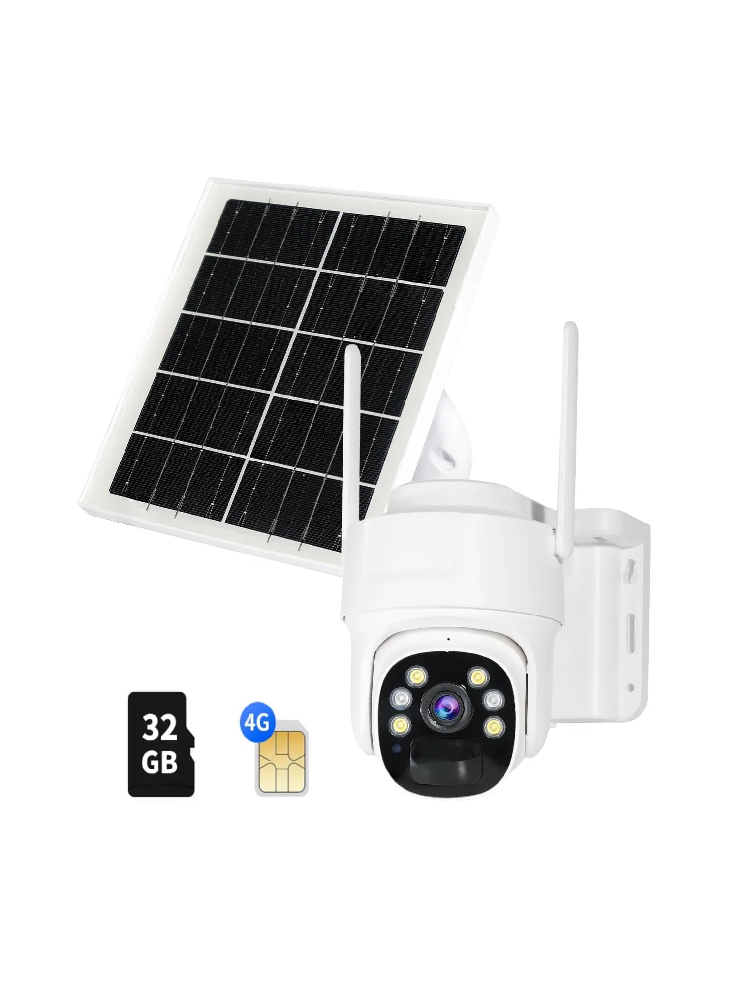 4G LTE Cellular Security Camera Solar-Powered Wireless Outdoor 3MP HD 360° PTZ Color Night 2-Way Audio IP65 Weatherproof 32GB SD Card Included Digital Zoom Micro Speaker Monitoring Rechargeable Remote