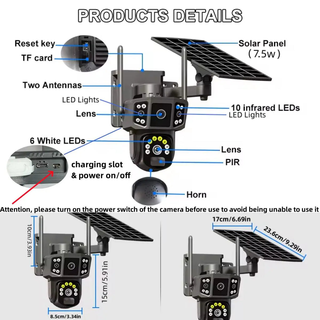 Solar CCTV Weatherproof Surveillance Cameras, 2K Wireless Outdoor CCTV Security Camera, 360° View Pan Tilt Low Power Consumption Security Camera, Durable Dual Lens Camera for Factory & Parking Lot, Home Essentials
