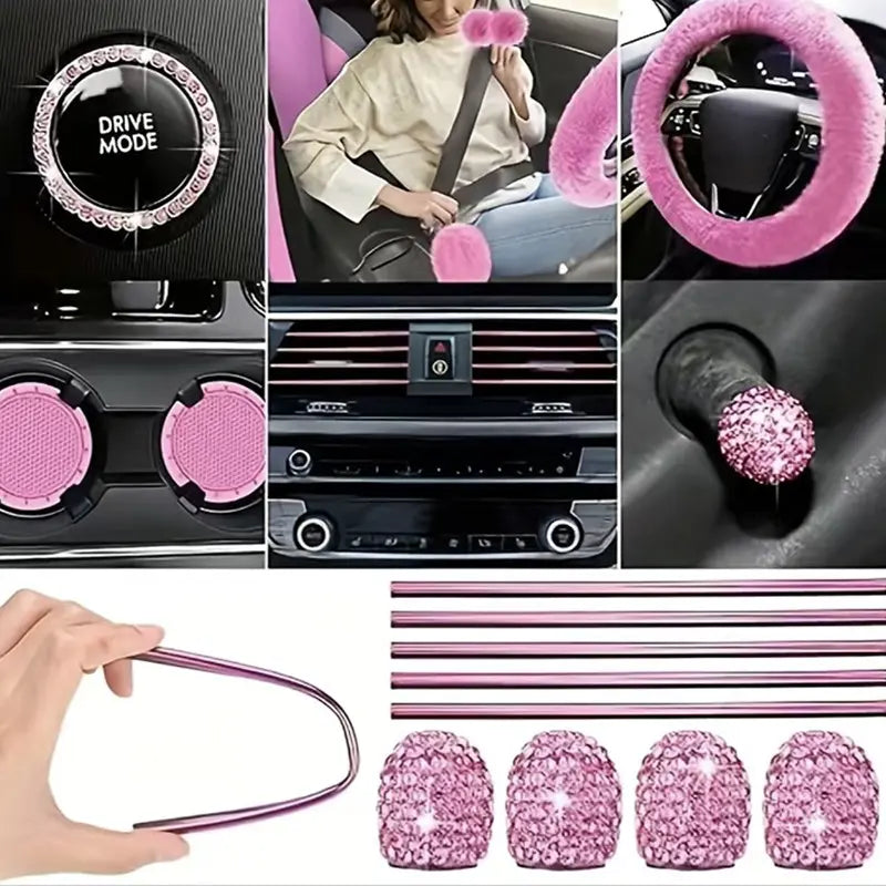 45Pcs Car Seat Covers & Interior Accessories Set: Thin Polyester Five-Seat Car Seat Covers, Plush Steering Wheel Cover, Shoulder Pads, Gear Shift Knob Cover, Rearview Mirror Ornaments, Cup Pads, Tire Valve Caps, Stitching Trim Strips, Car Interior Kit