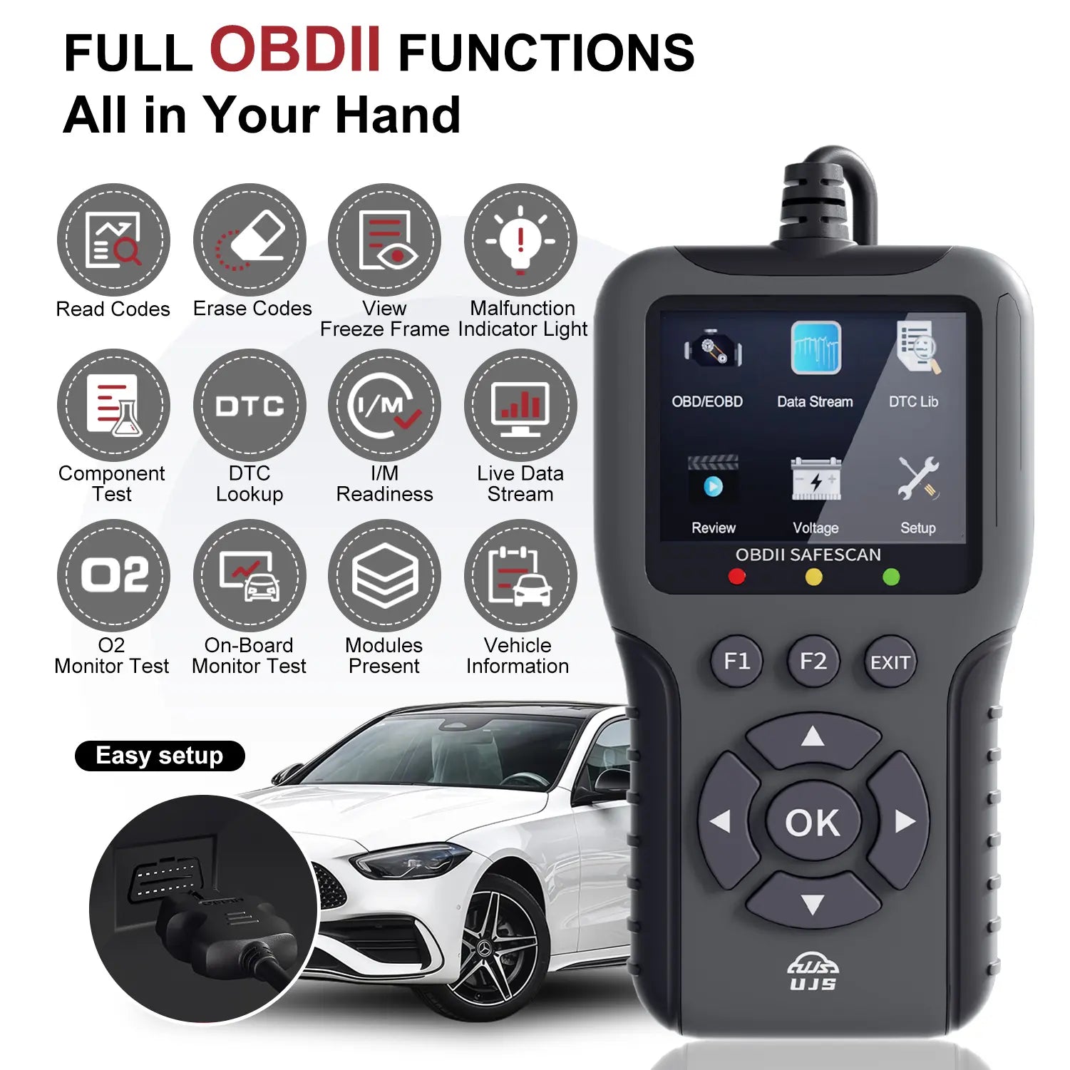 UJS Safescan, OBD2 Car Scanner, Check Engine Code Reader - 45000+ Fault Codes, 2.8" Color Screen, Live Data, I/M Readiness, Battery Voltage Check, Read and Clear Error Codes for All Cars and Light Trucks 1996+