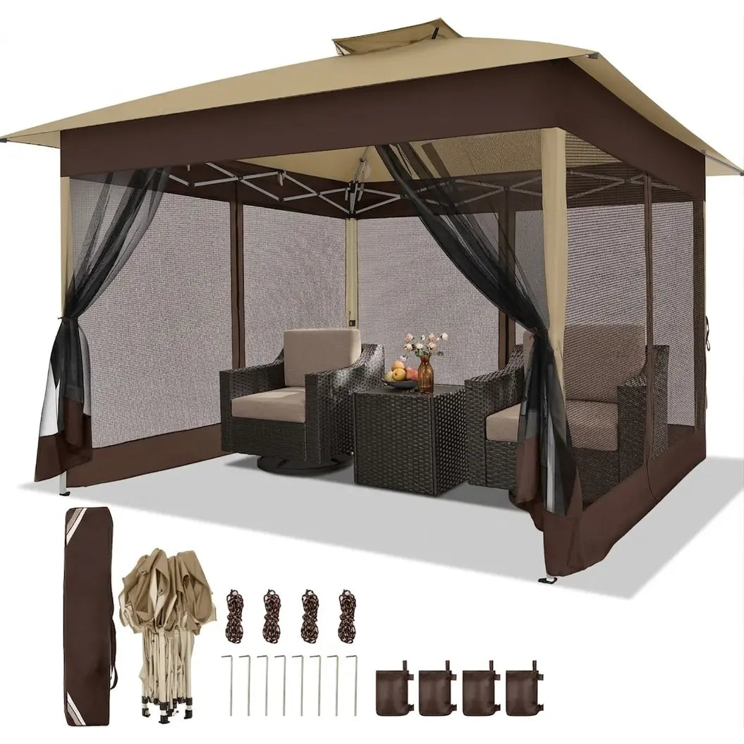 12X12 Ft. Portable Instant Gazebo Outdoor Patio - Oxford Fabric, Mosquito Netting, Waterproof, UPF 50+ Sun Protection, Ground Stakes, Adjustable Shade, Quick Setup Patio Furniture for Backyards, Backyard Decor,Summervibes