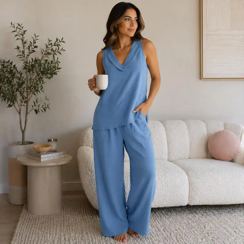 Boho Two Piece Set - Perfect for Beach, Vacation & Brunch! Sleeveless Top Wide Leg Pants Set #Twopieceset #Widelegpants #Sleeveless #Summeroutfit #Bohofashion #OOTD #Womensfashion #Casualset
