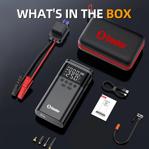 Soulor CYD22 5-In-1 with 150PSI Air Compressor, 10000Mah Portable Power Bank, LED Flashlight & SOS for Car/Suv/Truck Emergency Ultra-Safe
