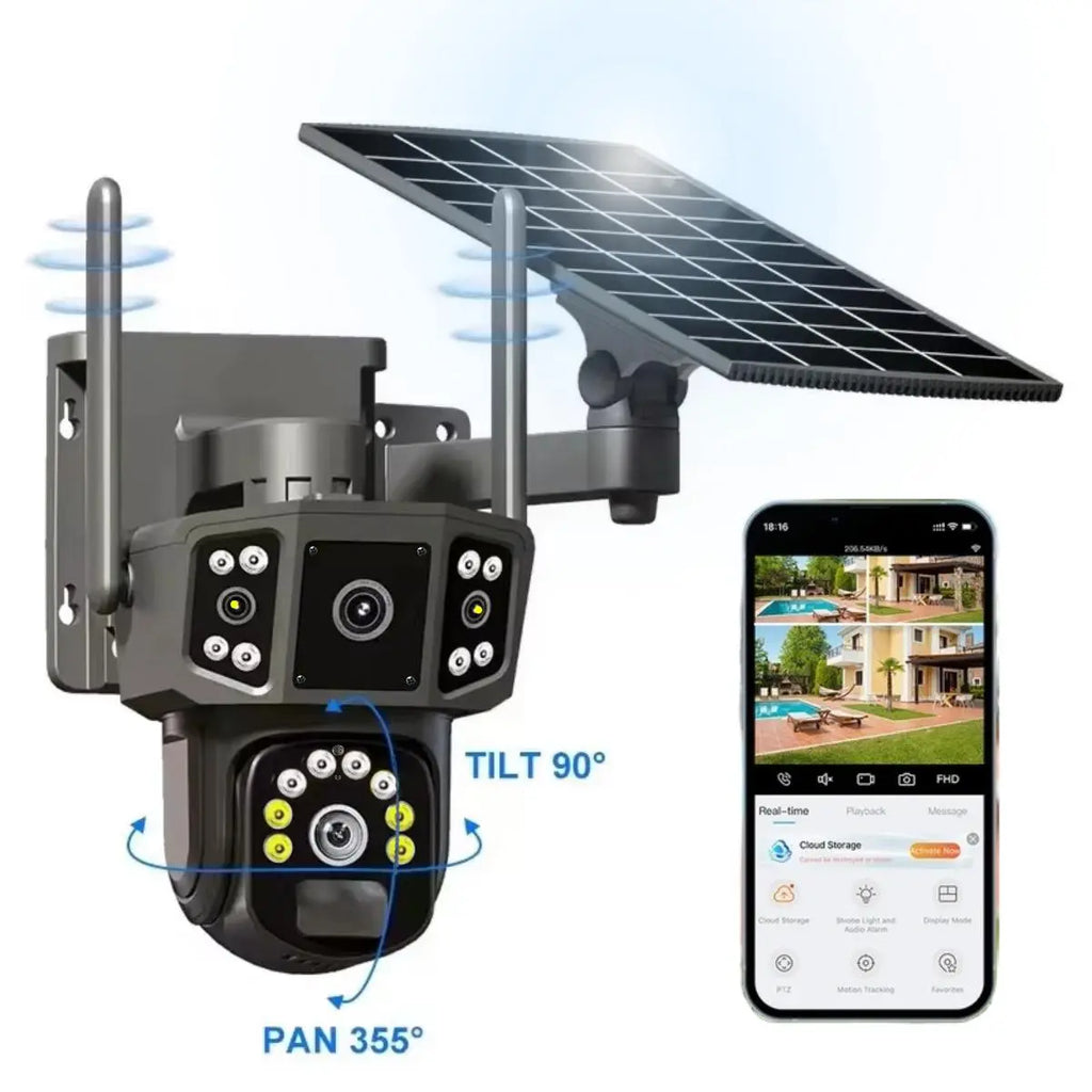 Solar CCTV Weatherproof Surveillance Cameras, 2K Wireless Outdoor CCTV Security Camera, 360° View Pan Tilt Low Power Consumption Security Camera, Durable Dual Lens Camera for Factory & Parking Lot, Home Essentials
