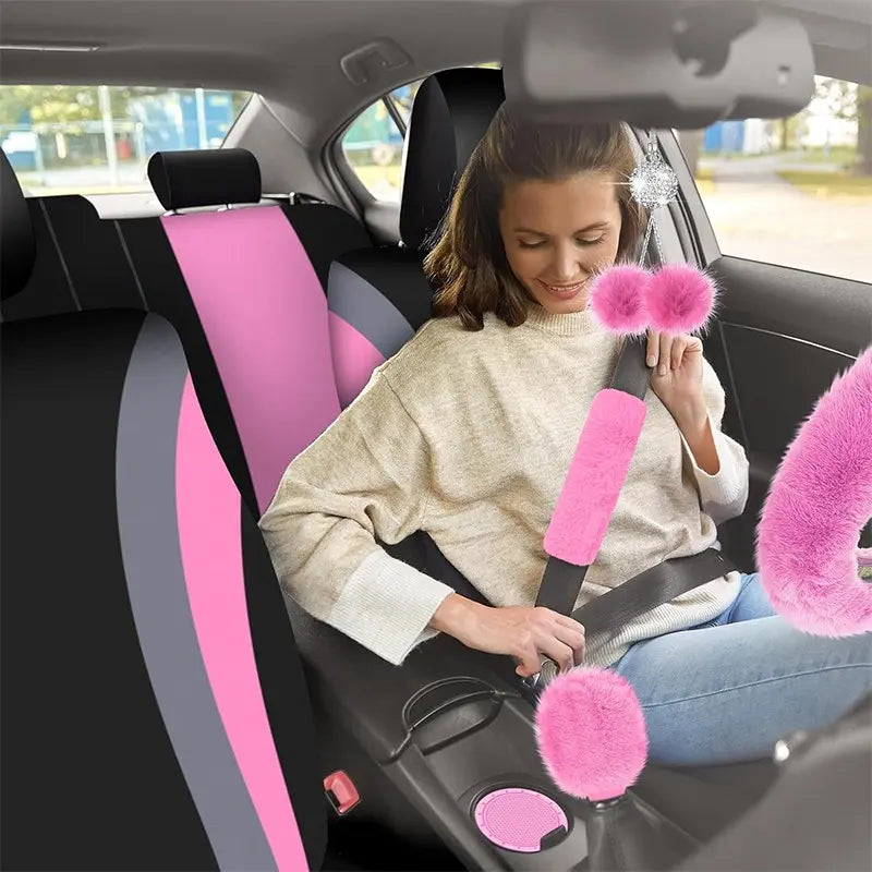 45Pcs Car Seat Covers & Interior Accessories Set: Thin Polyester Five-Seat Car Seat Covers, Plush Steering Wheel Cover, Shoulder Pads, Gear Shift Knob Cover, Rearview Mirror Ornaments, Cup Pads, Tire Valve Caps, Stitching Trim Strips, Car Interior Kit