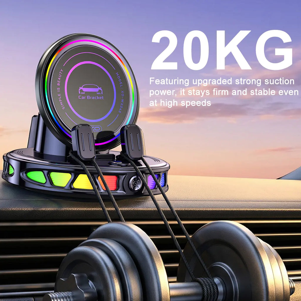 360° Rotating Magnetic Wireless Charging Car Phone Mount with RGB Ambient Light – Ultra-Stable Vacuum Suction & Auto-Lock Holder for Dashboard & Windshield, Fits Iphone & Android