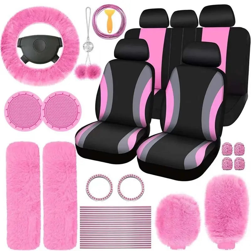 45Pcs Car Seat Covers & Interior Accessories Set: Thin Polyester Five-Seat Car Seat Covers, Plush Steering Wheel Cover, Shoulder Pads, Gear Shift Knob Cover, Rearview Mirror Ornaments, Cup Pads, Tire Valve Caps, Stitching Trim Strips, Car Interior Kit