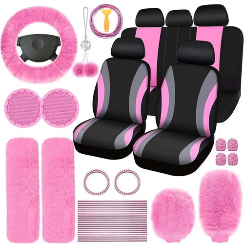 45Pcs Car Seat Covers & Interior Accessories Set: Thin Polyester Five-Seat Car Seat Covers, Plush Steering Wheel Cover, Shoulder Pads, Gear Shift Knob Cover, Rearview Mirror Ornaments, Cup Pads, Tire Valve Caps, Stitching Trim Strips, Car Interior Kit